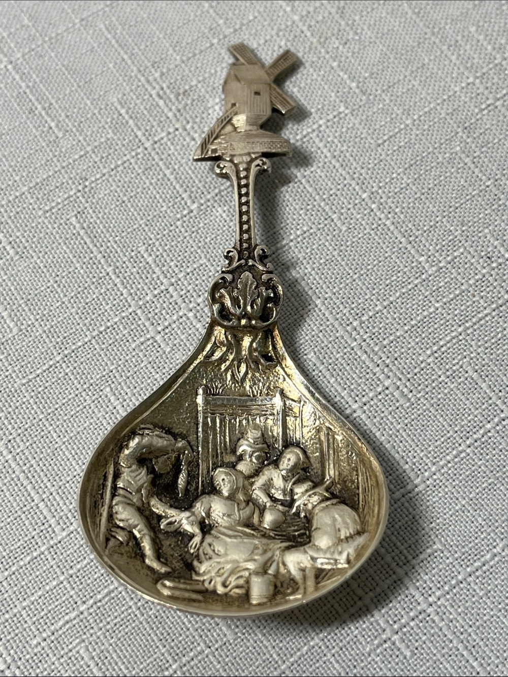 Souvenir Collector Spoon Made in Holland Dutch Windmill, Repousse Tavern Scene